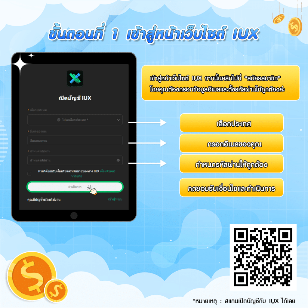 เปิดบัญชีกับ IUX การเปิดบัญชีขั้นตอนที่ 1. เข้าสู่หน้าเว็บไซต์ IUX